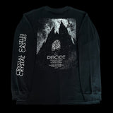 Black long-sleeve shirt with 'Crystal Castles' and 'Deicide' design on a black background