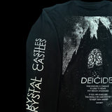 Close up of the back of a Black long-sleeve shirt with white text 'Crystal Castles' and "Crystal Castles' graphics with text 'DEICIDE' on a black background