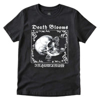 Black unisex T-shirt with gothic floral frame featuring a hummingbird feeding from a flower emerging from a skull graphic. 'Death Blooms' and 'INHUMANUM' text in white – INHUMANUM alternative streetwear apparel."