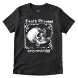 Black unisex T-shirt with gothic floral frame featuring a hummingbird feeding from a flower emerging from a skull graphic. 'Death Blooms' and 'INHUMANUM' text in white – INHUMANUM alternative streetwear apparel."