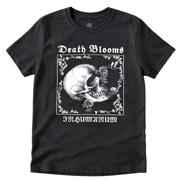 Black unisex T-shirt with gothic floral frame featuring a hummingbird feeding from a flower emerging from a skull graphic. 'Death Blooms' and 'INHUMANUM' text in white – INHUMANUM alternative streetwear apparel."