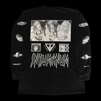 Back of black long sleeve shirt with grayscale alien skulls, glitch art panels, and white dripping INHUMANUM logo and alien symbol sleeves – INHUMANUM alien streetwear
