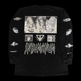 Back of black long sleeve shirt with grayscale alien skulls, glitch art panels, and white dripping INHUMANUM logo and alien symbol sleeves – INHUMANUM alien streetwear