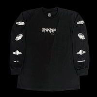 Front of black long sleeve shirt with small Hvmanoid glitch text on chest and white iconographic alien symbols on sleeves – INHUMANUM long sleeve tee