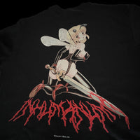 Angled back view of black shirt showing a kneeling bondage fairy with wings and sword with red bloody gothic INHUMANUM logo – INHUMANUM streetwear