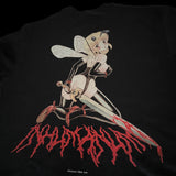 Angled back view of black shirt showing a kneeling bondage fairy with wings and sword with red bloody gothic INHUMANUM logo – INHUMANUM streetwear