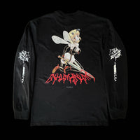 Back of black long sleeve shirt featuring bondage fairy in heels with sword and red bloody “INHUMANUM” logo – INHUMANUM erotic alt streetwear