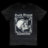 Black unisex T-shirt with gothic floral frame featuring a hummingbird feeding from a flower emerging from a skull graphic. 'Death Blooms' and 'INHUMANUM' text in white – INHUMANUM alternative streetwear apparel."