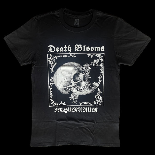 Black unisex T-shirt with gothic floral frame featuring a hummingbird feeding from a flower emerging from a skull graphic. 'Death Blooms' and 'INHUMANUM' text in white – INHUMANUM alternative streetwear apparel."