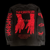 Back graphic of latex-gloved hands in cuffs, INHUMANUM logo, and text – fetish-styled alt streetwear