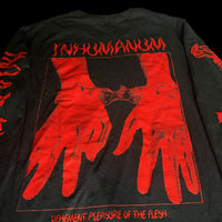 Close-up of red latex-gloved hands in cuffs on black sleeve – INHUMANUM alt fashion
