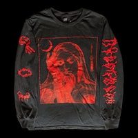 Black long sleeve with red Virgin Mary in latex gloves, moon, knife, bondage sleeve art – INHUMANUM bondage streetwear