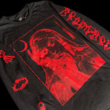 Angled shot of red Virgin Mary graphic with bondage sleeve and INHUMANUM logo – Gothic tee