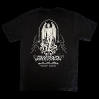 Back of black t-shirt displaying Lucifer seated on a throne of skulls, encircled by a serpent, with gothic text "LUCIFER FALLEN ANGEL" and "AVE-DOMINI-INFERNI" – INHUMANUM alternative streetwear