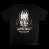 Back of black t-shirt displaying Lucifer seated on a throne of skulls, encircled by a serpent, with gothic text "LUCIFER FALLEN ANGEL" and "AVE-DOMINI-INFERNI" – INHUMANUM alternative streetwear