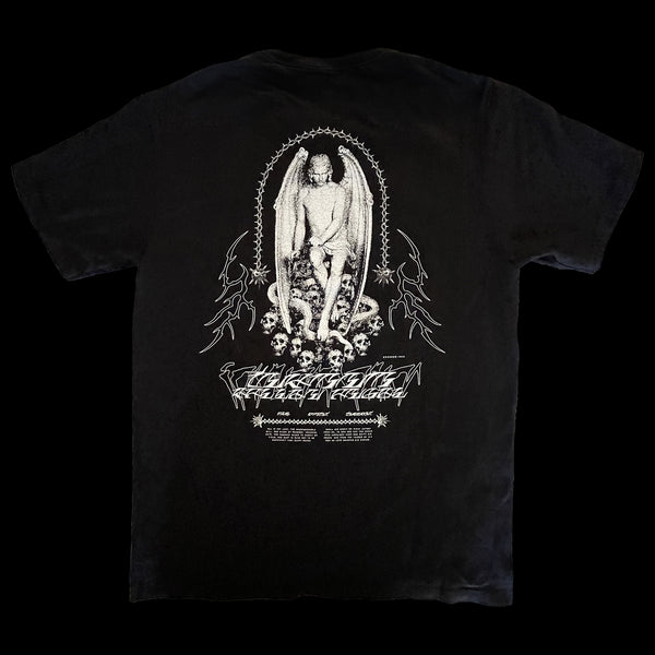 Back of black t-shirt displaying Lucifer seated on a throne of skulls, encircled by a serpent, with gothic text "LUCIFER FALLEN ANGEL" and "AVE-DOMINI-INFERNI" – INHUMANUM alternative streetwear