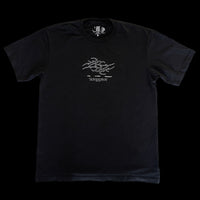 Front of black unisex t-shirt with centered neotribal flame logo and Latin microtext “Ave Dominum Inferni”
