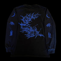 Full back view of Inferno shirt –  A horde of demons in flight, blue print on black long sleeve with gothic sleeve graphics