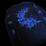 Back of Inferno shirt – blue print of a swarm of demons in half circle flight with tridents raised. Moon, bat, and candle icons on sleeves.