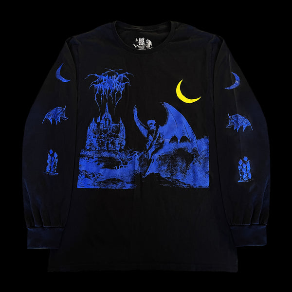 Inferno shirt, black long sleeve with blue print of Lucifer beside gothic castle under yellow crescent moon. Sleeve prints: moon, wing, candles – romantic gothic graphic by INHUMANUM.