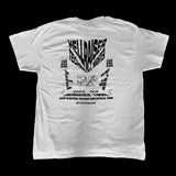 Back of white unisex short sleeve t-shirt with black print featuring "Hot Stuff the Little Tuff Devil" and techno rave flyer design – INHUMANUM streetwear