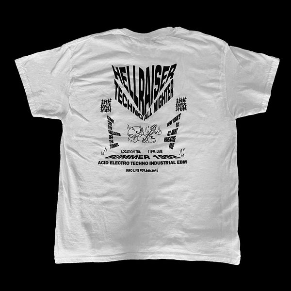 Back of white unisex short sleeve t-shirt with black print featuring "Hot Stuff the Little Tuff Devil" and techno rave flyer design – INHUMANUM streetwear