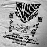 Close-up of back print on white t-shirt showing Hot Stuff devil with "INHUMANUM" and "Techno All Nighter Summer 1992" text – alternative streetwear design