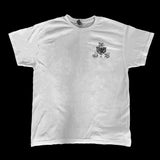 Front of white t-shirt with “INHUMANUM Techno All Nighter” block text and trio of Hot Stuff Little Devil cherubs on the upper left chest – rave streetwear