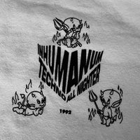 Front of white t-shirt with “INHUMANUM Techno All Nighter” text and trio of Hot Stuff Little Devil – rave streetwear