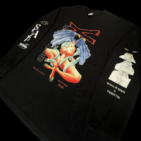 Angled front view of SATANIKA X shirt with red demon woman graphic with occult-style print – INHUMANUM apparel


