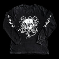 Front design of a long-sleeved black T-shirt featuring a white screen printed design of a manga character bound in ropes with a neo-tribal and manga style design- INHUMANUM streetwear


