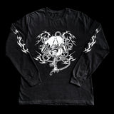 Front design of a long-sleeved black T-shirt featuring a white screen printed design of a manga character bound in ropes with a neo-tribal and manga style design- INHUMANUM streetwear

