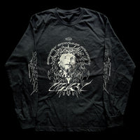 Unisex long sleeve black t-shirt featuring neo-tribal glitched Christ with crown of thorns – INHUMANUM alternative streetwear