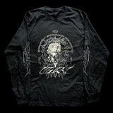 Unisex long sleeve black t-shirt featuring neo-tribal glitched Christ with crown of thorns – INHUMANUM alternative streetwear