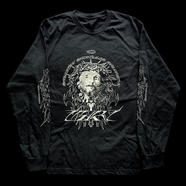 Unisex long sleeve black t-shirt featuring neo-tribal glitched Christ with crown of thorns – INHUMANUM alternative streetwear