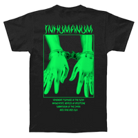Back of black t-shirt featuring acid green screen print of handcuffed latex gloves, a nod to bondage and control – gothic streetwear, bdsm fashion, alt clothing | INHUMANUM