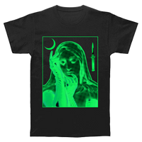 Black short sleeve T-shirt featuring acid green screen print of the Virgin Mary wearing a gothic veil and latex gloves, merging religious iconography with BDSM themes and fetish symbolism – goth streetwear, alt streetwear, rave clothing, bondage shirt, BDSM t-shirt –| INHUMANUM