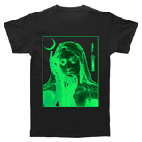 Black short sleeve T-shirt featuring acid green screen print of the Virgin Mary wearing a gothic veil and latex gloves, merging religious iconography with BDSM themes and fetish symbolism – goth streetwear, alt streetwear, rave clothing, bondage shirt, BDSM t-shirt –| INHUMANUM