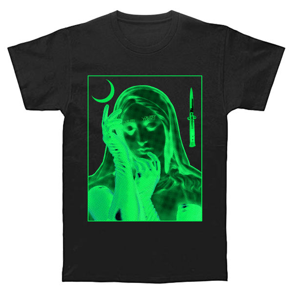 Black short sleeve T-shirt featuring acid green screen print of the Virgin Mary wearing a gothic veil and latex gloves, merging religious iconography with BDSM themes and fetish symbolism – goth streetwear, alt streetwear, rave clothing, bondage shirt, BDSM t-shirt –| INHUMANUM