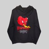 Back of black pullover hoodie sweater featuring Casper's Hot Stuff devil spewing flames from mouth, – INHUMANUM gothic ravewear