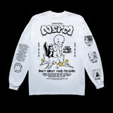 NSPM shirt by INHUMANUM –  back view of a white long sleeve featuring Casper and a skunk sitting in grief with mental health messaging and “Don’t ghost your friends” print. Mental Health Awareness Streetwear Shirt