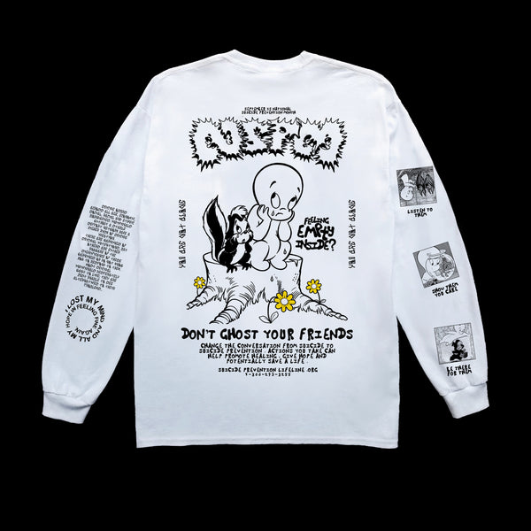 NSPM shirt by INHUMANUM –  back view of a white long sleeve featuring Casper and a skunk sitting in grief with mental health messaging and “Don’t ghost your friends” print. Mental Health Awareness Streetwear Shirt