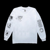 Front of INHUMANUM NSPM shirt – white long sleeve with Casper chest graphic, suicide prevention message on right sleeve, and comic-style mental health icons on left