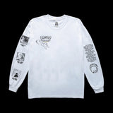 Front of INHUMANUM NSPM shirt – white long sleeve with Casper chest graphic, suicide prevention message on right sleeve, and comic-style mental health icons on left