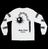 White long sleeve shirt with black graphic of spiked flail, gothic iron cross, and dagger blade layered over bondage symbols – fetish streetwear, goth fashion, bdsm clothing 