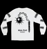 White long sleeve shirt with black graphic of spiked flail, gothic iron cross, and dagger blade layered over bondage symbols – fetish streetwear, goth fashion, bdsm clothing 