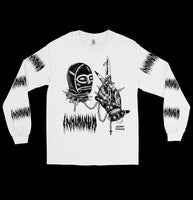 White long sleeve shirt with black graphic of gimp mask chained to a gloved hand gripping a dagger, surrounded by gothic spikes and crucifixes – bdsm fashion, fetish streetwear, goth clothing – INHUMANUM