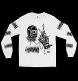 White long sleeve shirt with black graphic of gimp mask chained to a gloved hand gripping a dagger, surrounded by gothic spikes and crucifixes – bdsm fashion, fetish streetwear, goth clothing – INHUMANUM