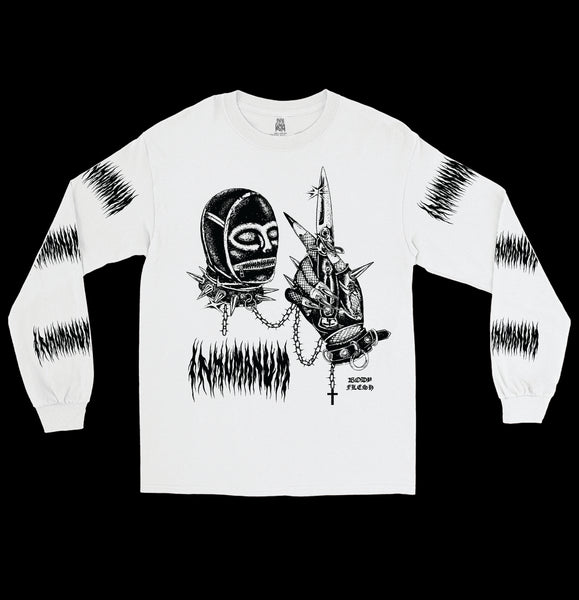 White long sleeve shirt with black graphic of gimp mask chained to a gloved hand gripping a dagger, surrounded by gothic spikes and crucifixes – bdsm fashion, fetish streetwear, goth clothing – INHUMANUM