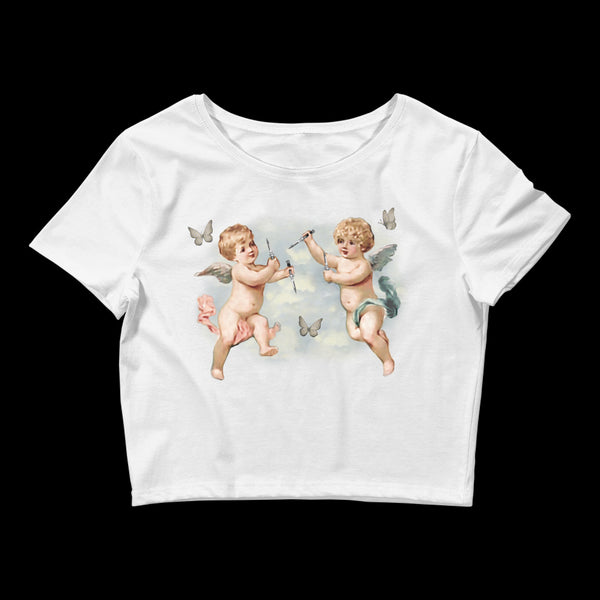 Front of white women's crop top featuring two cherubs holding knives, surrounded by butterflies – INHUMANUM Eros tee

